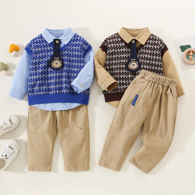 Brother and Sister Solid Color Shirt & Geomatric Pattern V-neck Knitted Vest & Matching Pants