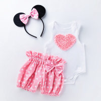 Cross-border children's clothing baby girl cartoon love white sleeveless romper polka dot shorts suit baby holiday wear new  Pink