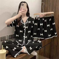 Women's 3 piece bow print pajamas set  Black