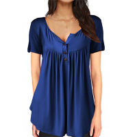 Women's smocked buttoned loose short-sleeved T-shirt top  Blue