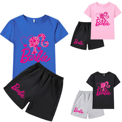 Barbie The Movie Barbie Heart Print Cartoon Short-sleeved T-shirt + Shorts Set for Middle and Large Boys and Girls