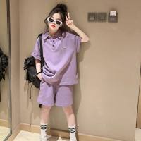 Children's summer short-sleeved POLO shirts for girls short-sleeved shorts suits for boys trendy and cool half-sleeved casual loose suits  Purple