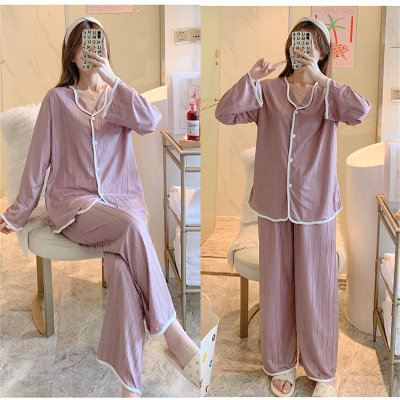 Pijama de manga larga minimalista de color sólido versión coreana de Instagram para mujer en la temporada de primavera y otoño, con seda de leche holgada para uso doméstico de mujer