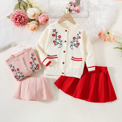 2-piece Toddler Girl Floral Embroidered Pocket Front Button-up Cardigan & Solid Color Pleated Skirt