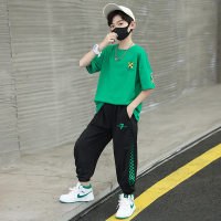 Summer new children's fashion short-sleeved trousers suits for middle and large boys, sports and leisure two-piece suits  Green