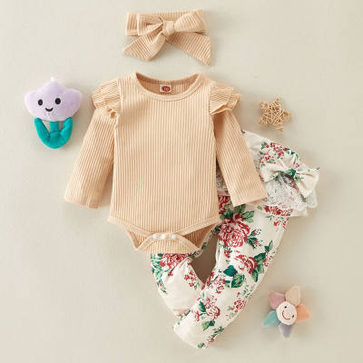 Baby Girl Sweet Ruffle Body Estampado floral Costura de encaje Pantalón Diadema Tres piezas
