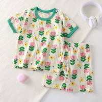 Children's short-sleeved suit pure cotton girls summer clothes two-piece suit children's clothing boys baby T-shirt summer clothes  Deep Green