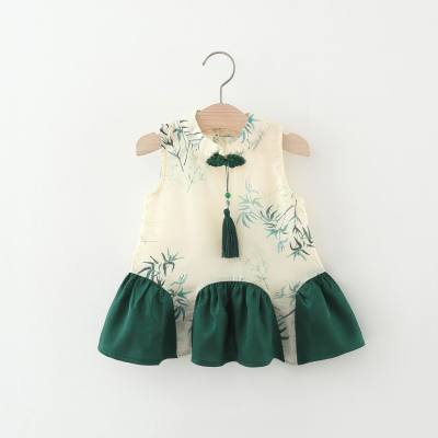 New summer girls ethnic style sleeveless dress bamboo print color matching tassel cheongsam dress