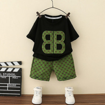 Boys' alphabet sports short-sleeved shorts two-piece set summer style plaid versatile casual loose suit for middle-aged and older children