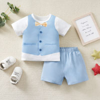 Baby Boy's Gentleman Style Vest Print Short-sleeved T-shirts And Short-sleeved T-shirt and Shorts Set  Sky Blue