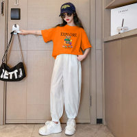 Girls summer loose casual sports suits for small and medium-sized children, fashionable and stylish bear short-sleeved T-shirt and white trousers  Orange