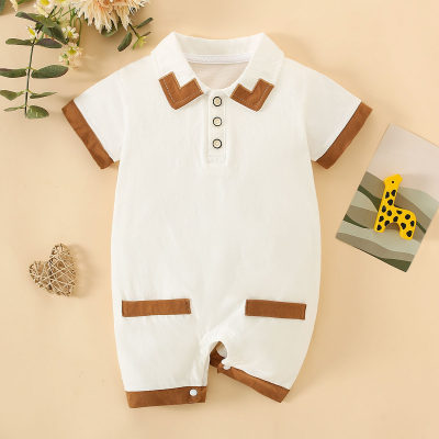 Baby Boy Pure Cotton Color-block Polo Collar Short Sleeve Boxer Romper