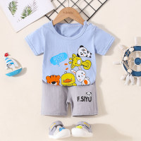 2-piece Toddler Boy Pure Cotton Cartoon Animal Printed Short Sleeve Polo Shirt & Solid Color Shorts  Blue