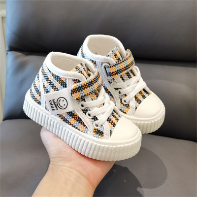 Children's checkered smiley face high-top canvas shoes