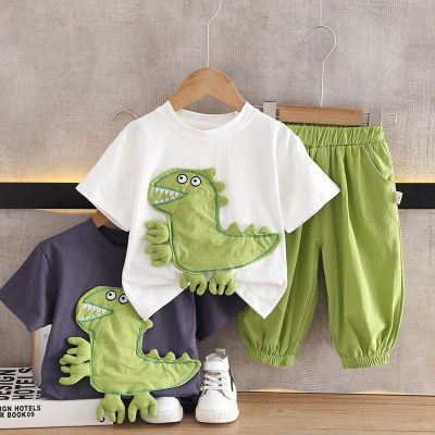 Boys summer suit 2023 new handsome baby big dinosaur short-sleeved two-piece set children's clothing cartoon two-piece set