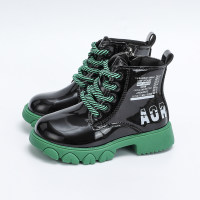 Kid Girl PU Leather Color-block Letter Pattern Lace-up Martin Boots  Black