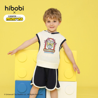 Minions × hibobi Boy Baby Printed White Patchwork Hooded Sleeveless Suit