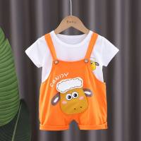 Summer new boys and girls solid color casual short-sleeved suits little sheep overalls baby summer two-piece suit  Orange