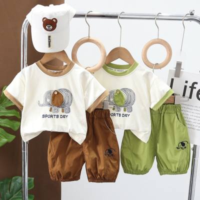 2024 summer new boys cartoon round neck short-sleeved suit baby boy casual shorts two-piece suit Maillard