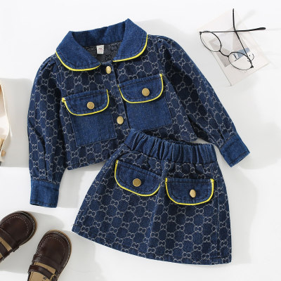 2-piece Toddler Girl Geometric Pattern Lapel Pocket Front Button-up Denim Jacket & Matching Pencil Skirt