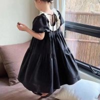 Koreanischer Stil Kinderkleidung Mädchen Kleid 2024 Sommer Kinder College-Stil Rock kleines Mädchen Kurzarm-Hemdkleid trendy  Schwarz