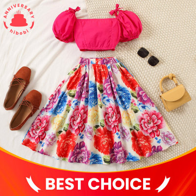 Kid Girl Solid Color Slash Neck Top & Rose Print Dress