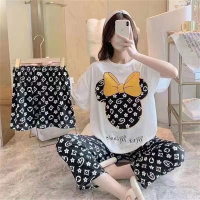 New three-piece pajamas for women summer short-sleeved loose Korean student large size ins can be worn outside home clothes set  Multicolor