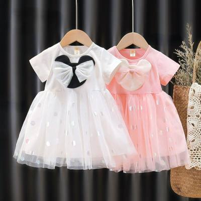 Children's short-sleeved princess dress baby bow gauze skirt little girl puffy skirt