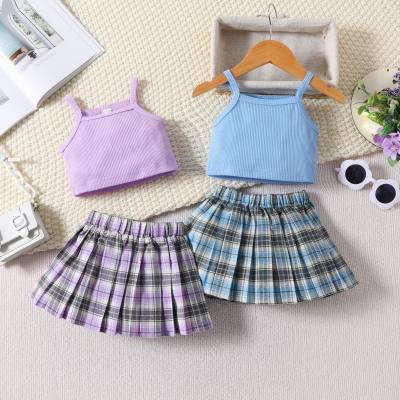 Little girl's summer new waffle plaid pleated skirt set two-piece suit