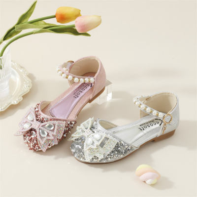 Toddler Girl Sequin and Pearl Decor Bowknot Front Velcro Shoes