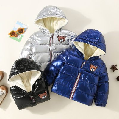 Toddler Boy Solid Color Bear Pattern Hooded Fleece-lined Cotton-padded Jacket