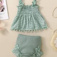 Cotton mesh high temperature dyed apricot lace hanging baby shirt and shorts for baby girls fashion two-piece suit  Green