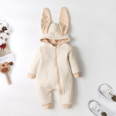 Baby Girl Solid Color Rabbit Style Ear Design  Zip-up Long-sleeved Long-leg Romper