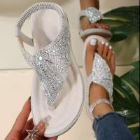 Summer new glass rhinestone woven beach sandals for women large size herringbone women's sandals  White