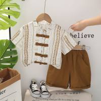Boys summer shirt suit 2024 new style boy baby summer children's triangle Tang suit short-sleeved suit  Coffee