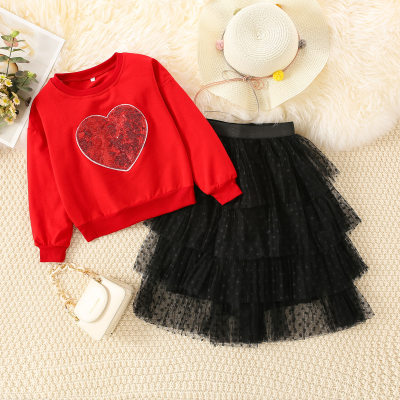 2-piece Kid Girl Solid Color Heart-shaped Sequin Top & Layered Mesh Skirt