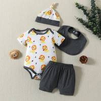 Neu Sommer Animal Print Baby Boy Strampler mit Einfarbig Shorts + Hut + Lätzchen Set  Grau