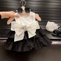 Summer clothes for girls, stylish bow-trimmed vest suit skirt, small and medium-sized children's cake pleated short skirt two-piece suit  White