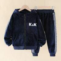 2-piece Kid Boy Letter Printed Striped Sleeve Hooded Zip-up Pleuche Jacket & Cropped Pants  Navy Blue
