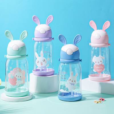 Deer horn rabbit ear water cup straw cup cartoon children's plastic cup with strap portable large capacity outdoor cup