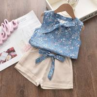 Children's clothing summer products baby girl floral sleeveless vest shorts two-piece set  Light Blue