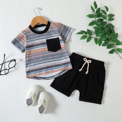 Summer boys' clothing 2024 new children's pocket short-sleeved T-shirt baby boy fashionable striped summer casual suit