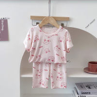 Summer children's cute cartoon elastic air-conditioning home clothes boys and girls short-sleeved cropped pants pajamas two-piece set  Pink