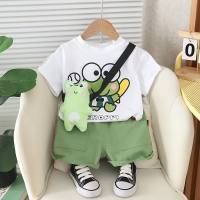 2024 nouvel été vêtements pour enfants de style coréen petit sac grenouille à manches courtes deux pièces vêtements d'été costume pour enfants au nom de  blanc