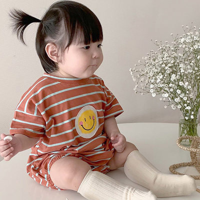 Mono de verano de estilo coreano ins para bebé, mono fino con cara sonriente, harén holgado a rayas, cubierta de pedos para bebé de celebridad de Internet
