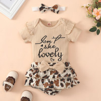 3-piece Baby Girl Ribbed Letter Printed Short Sleeve Romper & Allover Floral Printed Bowknot Decor Panty & Headwrap  Apricot