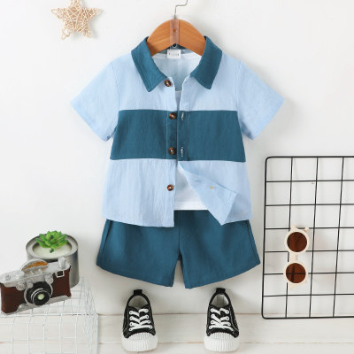 2-piece Baby Boy Pure Cotton Color-block Patchwork Short Sleeve Shirt & Solid Color Shorts