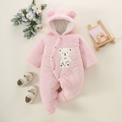 Baby Flannel Solid Color Bear Appliqué Hooded Fleece-lined Long-sleeved Long-leg Romper