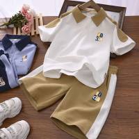 Medium and large children's casual short-sleeved T-shirt POLO shirt all-match sports suit 2024 summer style boys color matching two-piece set  Khaki