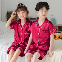 Children's pajamas short-sleeved imitation silk children's home clothes suit air-conditioned clothes summer thin cardigan  Burgundy